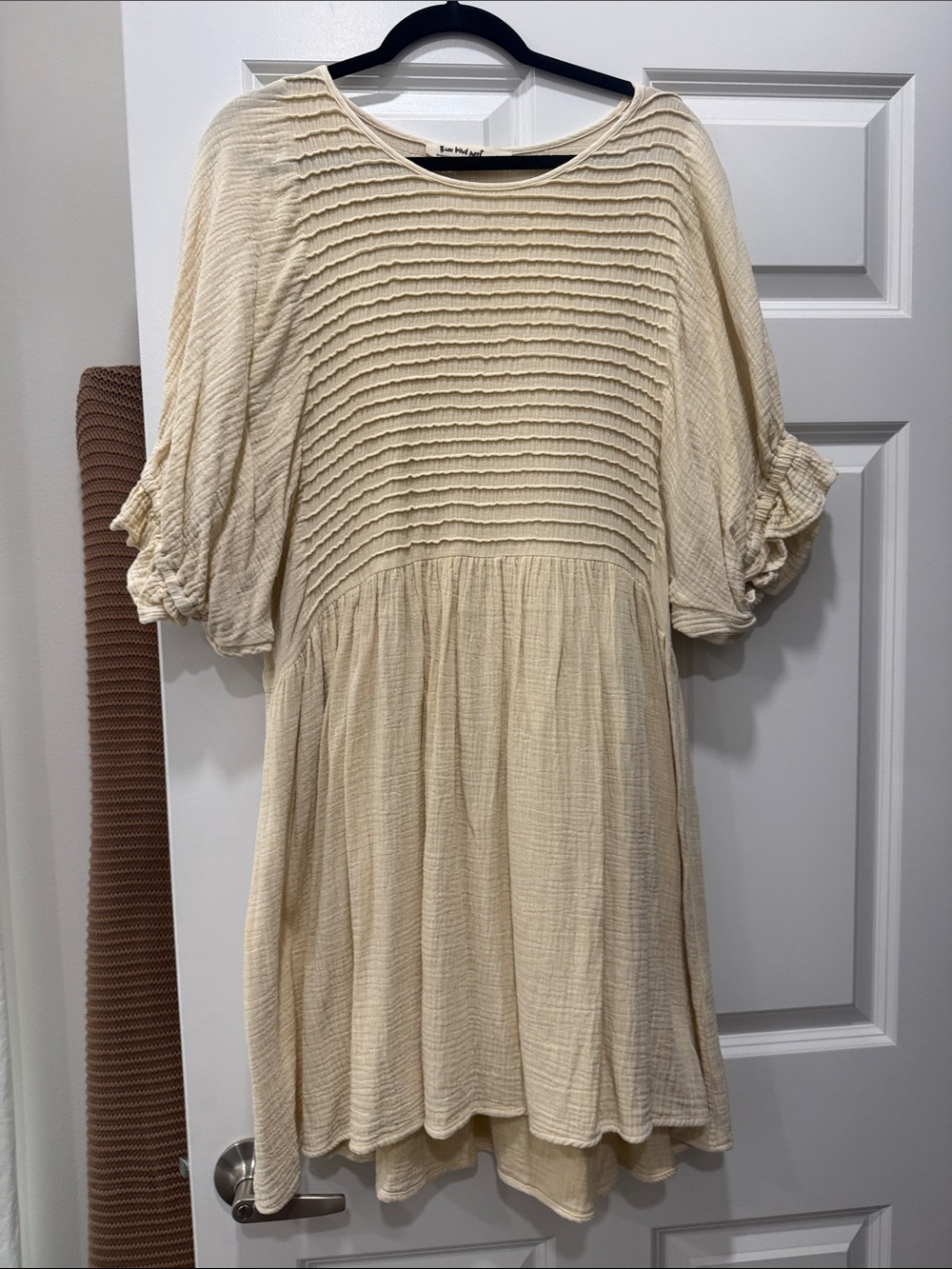 Three Bird Nest Cream Textured Mini Dress with Puff Sleeves